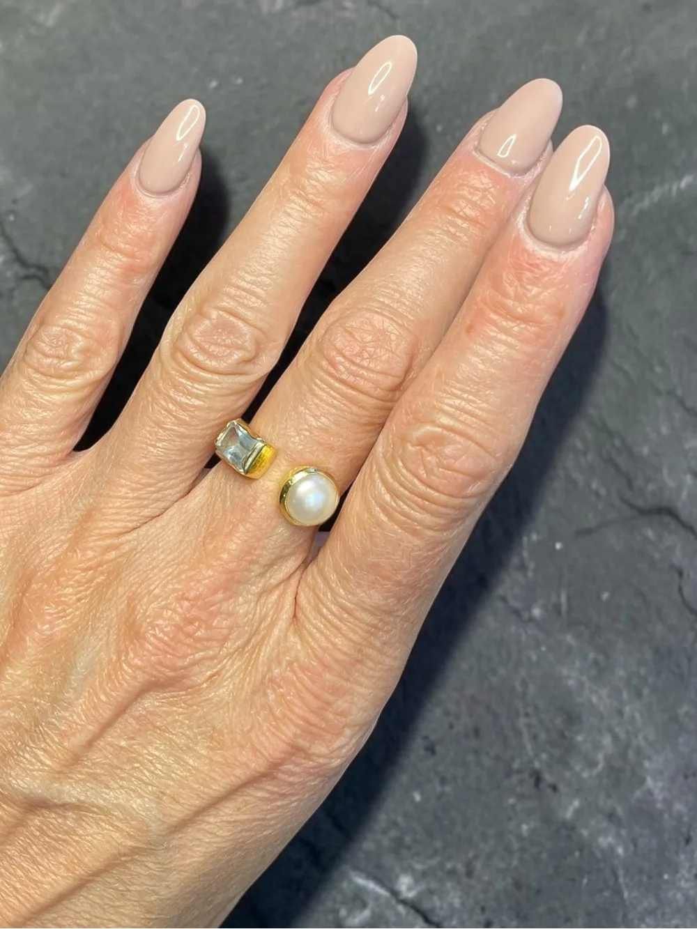 Ross-Simons Cultured Pearl Sky Blue Topaz Toi et Moi 18K Gold Vermeil Ring